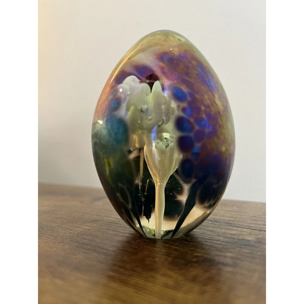 Vintage Metallic Multi Colored Swirl Egg Paperweight White Trumpet Flower